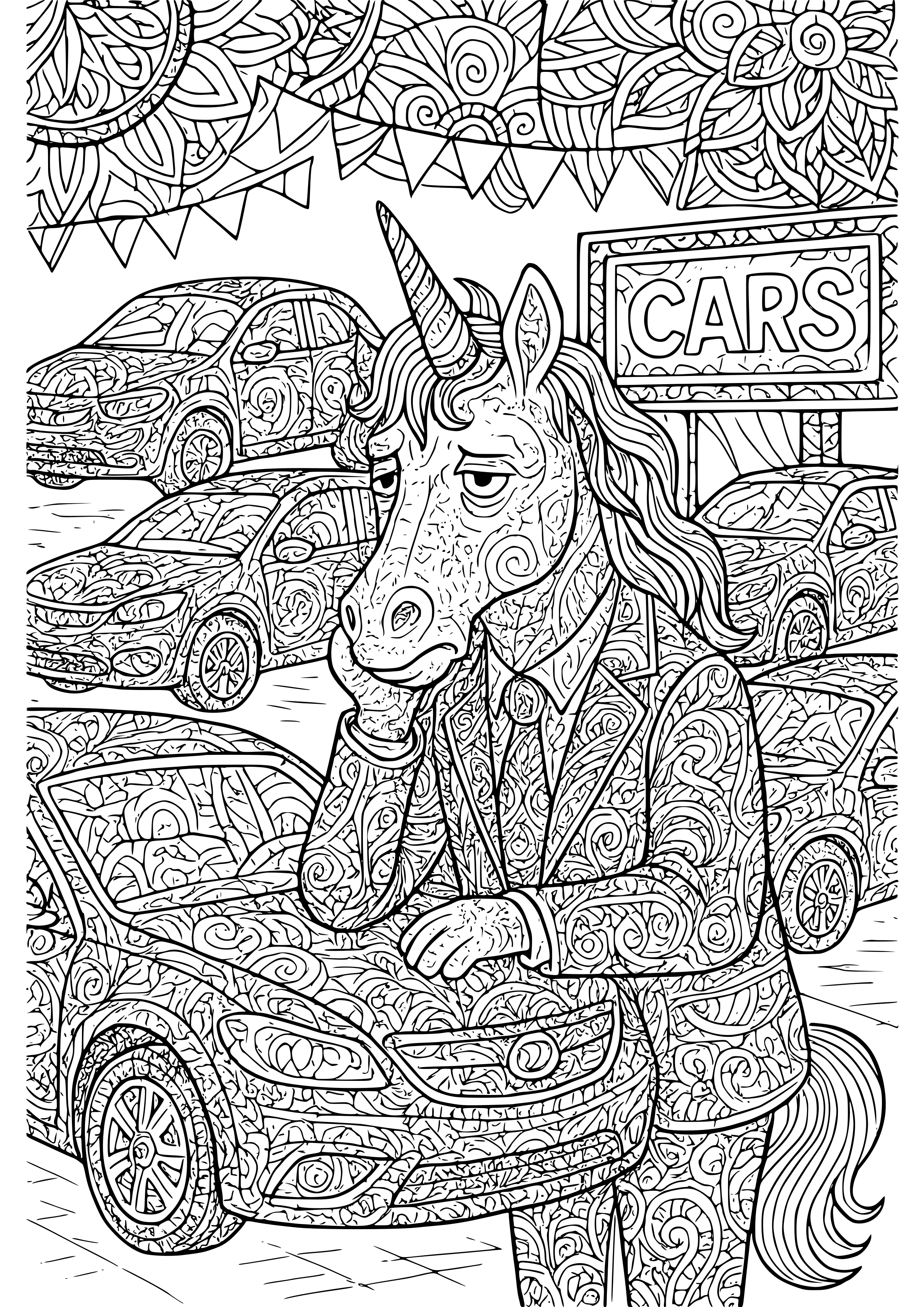 Unicorn in a Mid-life Crisis at a Car Dealership Coloring Page