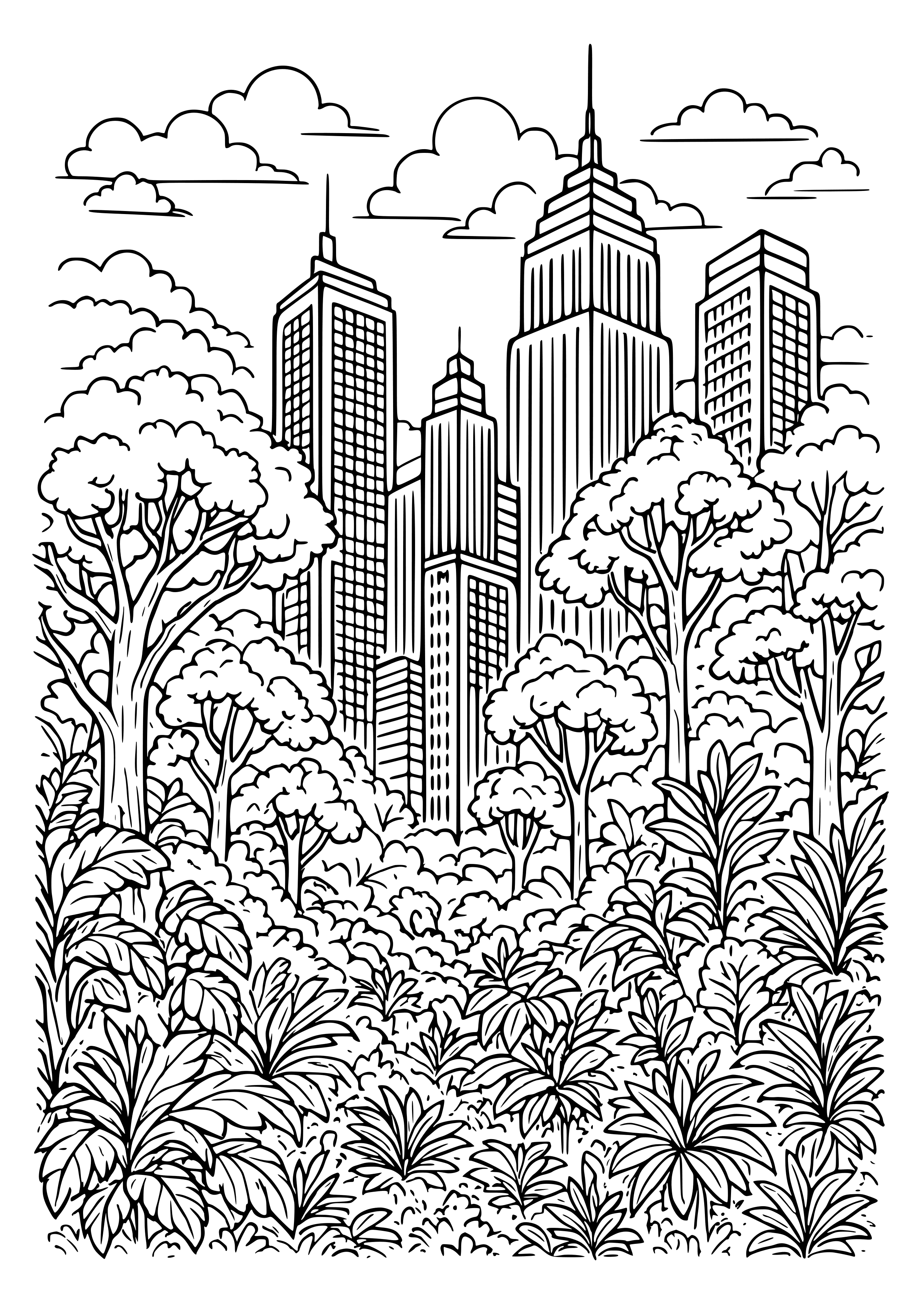 Urban Jungle with Skyscrapers and Trees Coloring Page