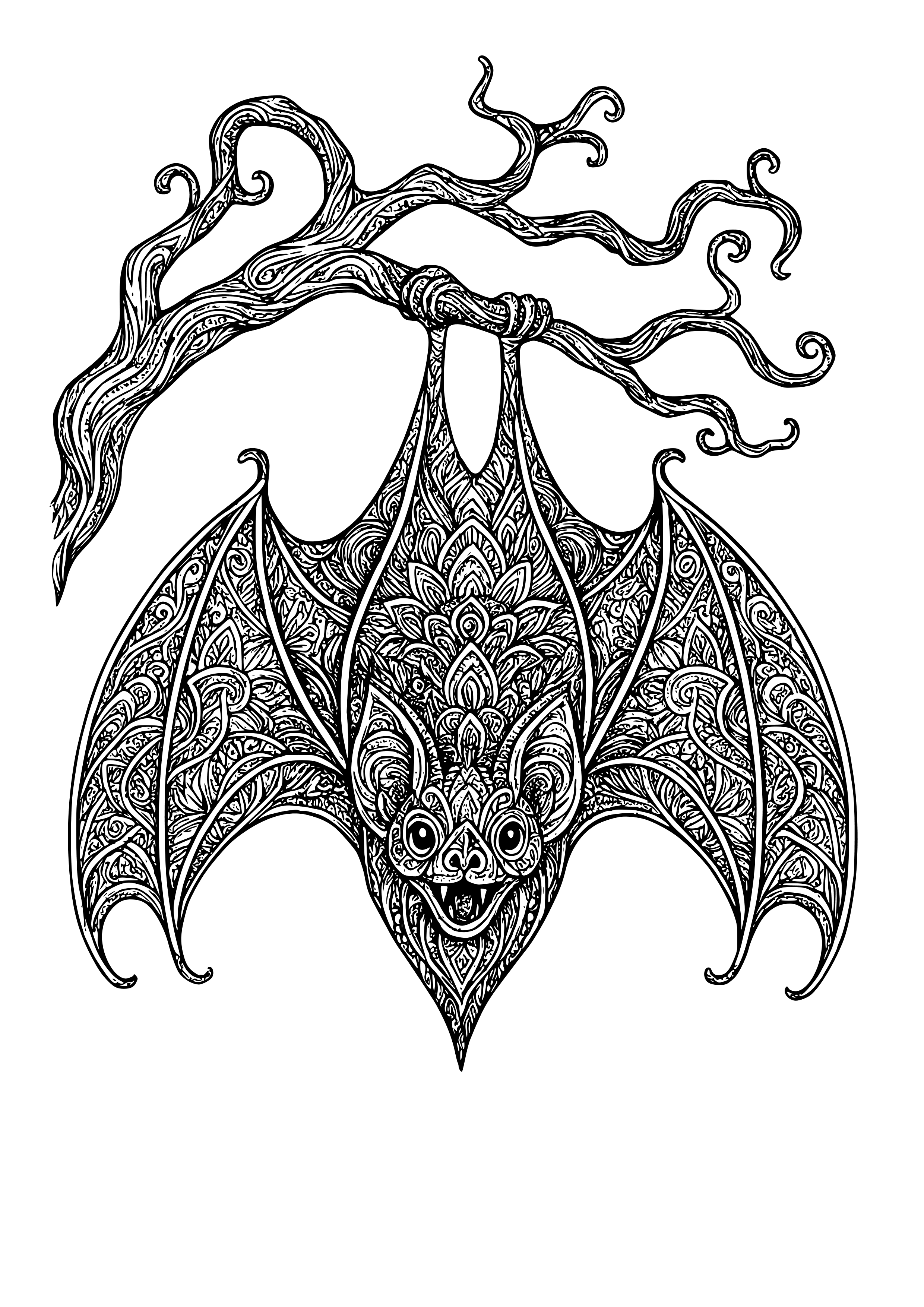 Vampire Bat Hanging From a Twisted Branch Coloring Page
