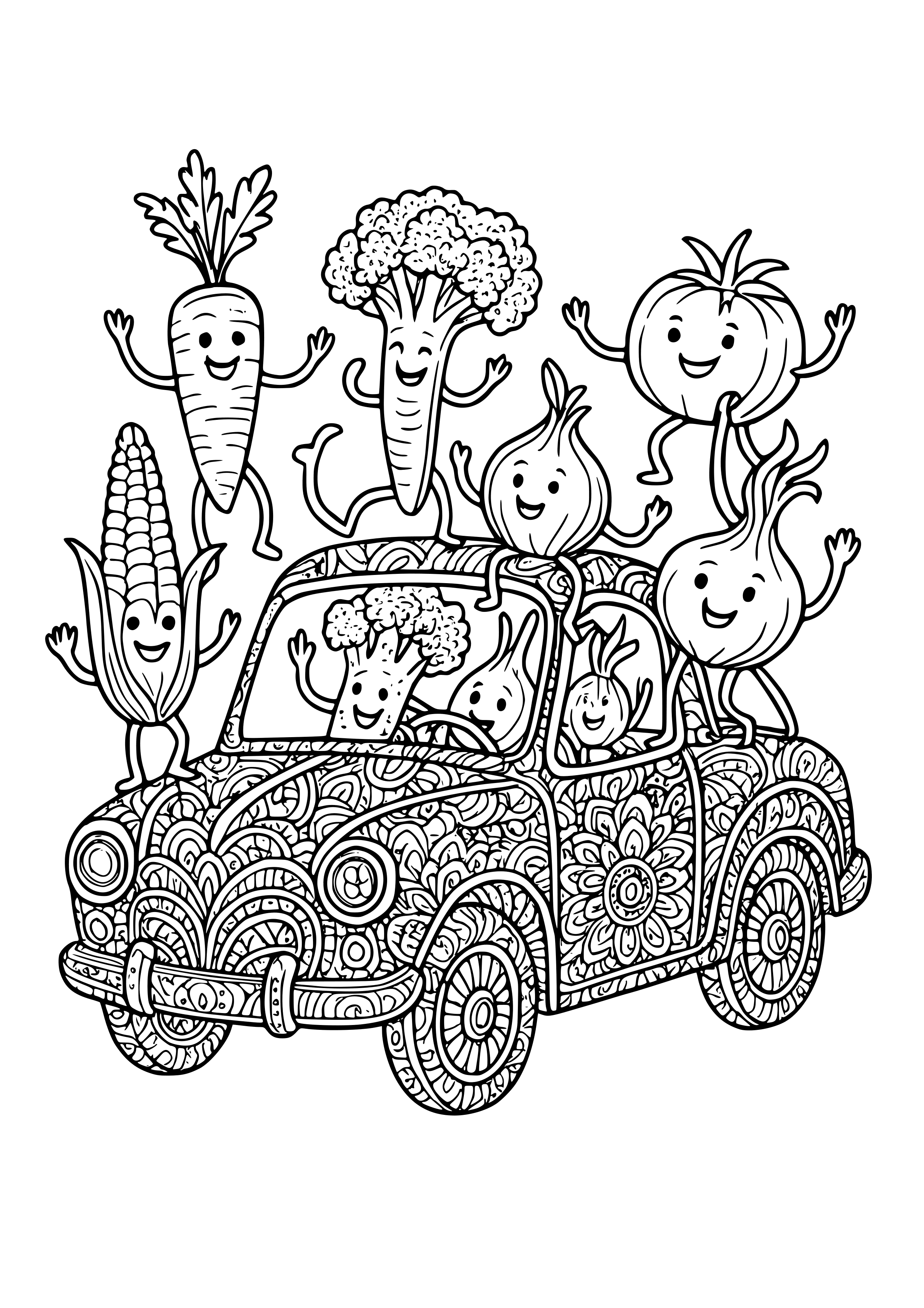 Vintage Car Filled with Dancing Vegetables Coloring Page