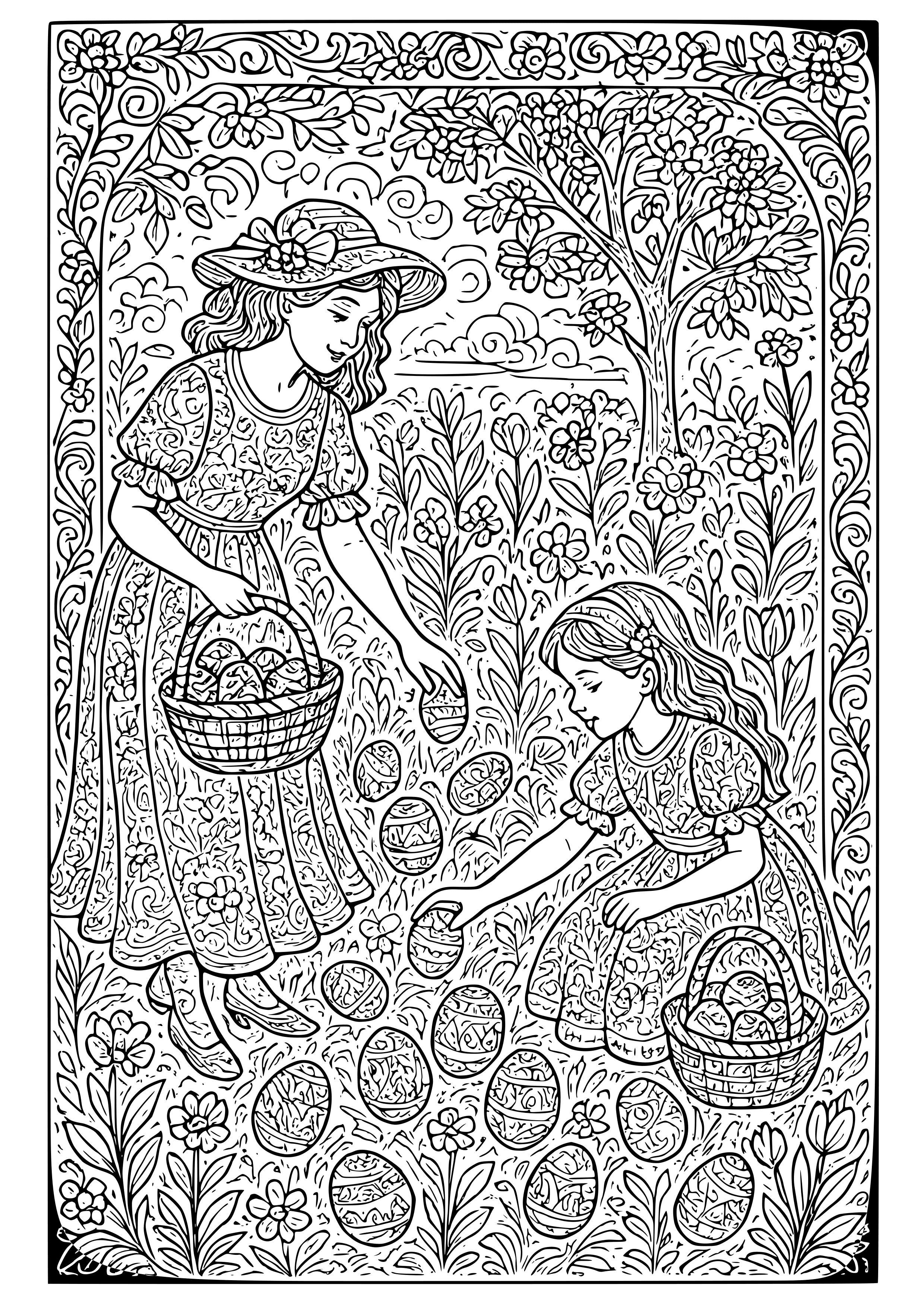 Vintage Easter Egg Hunt Scene Coloring Page