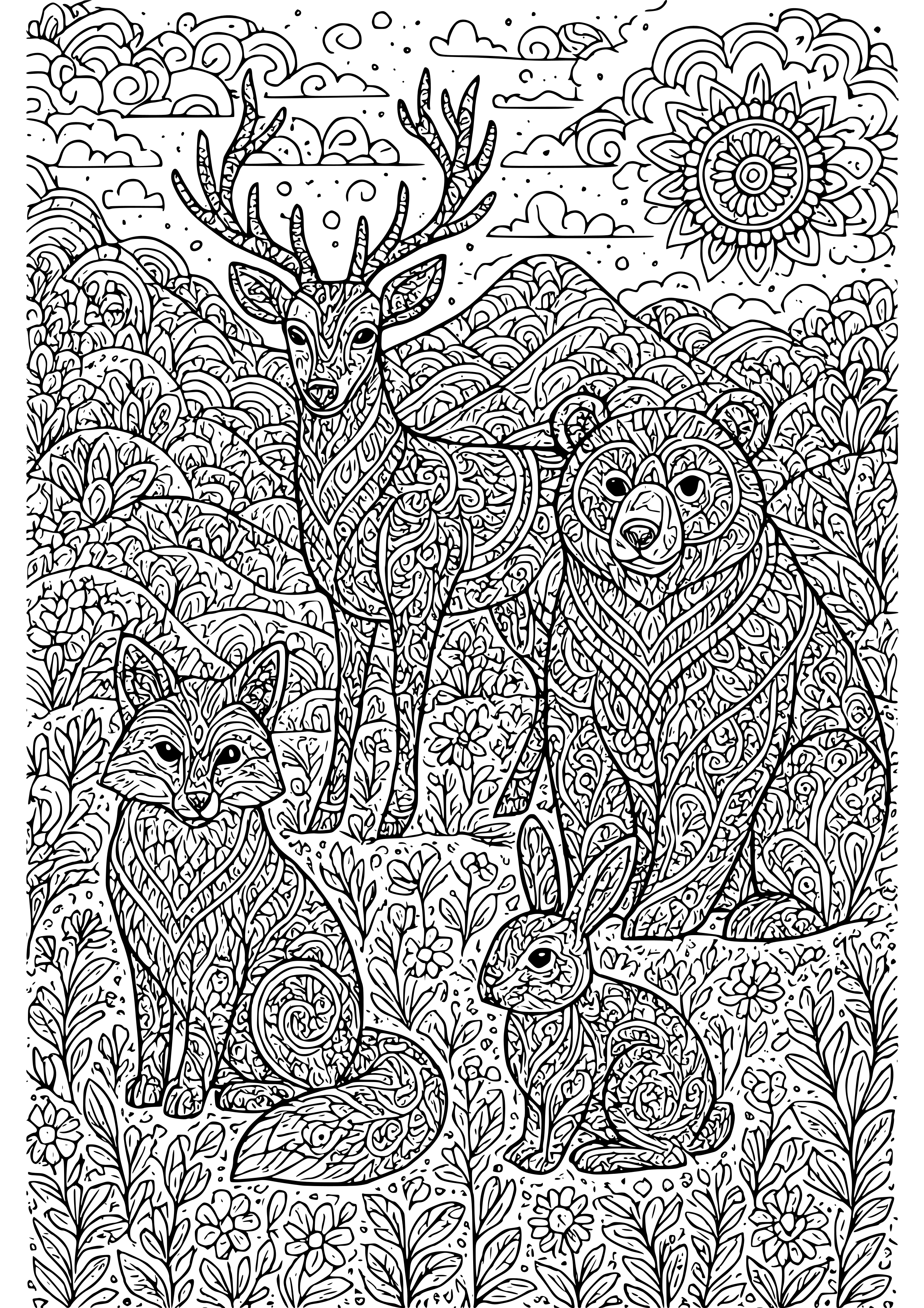 Wild Animals in a Whimsical Landscape Coloring Page