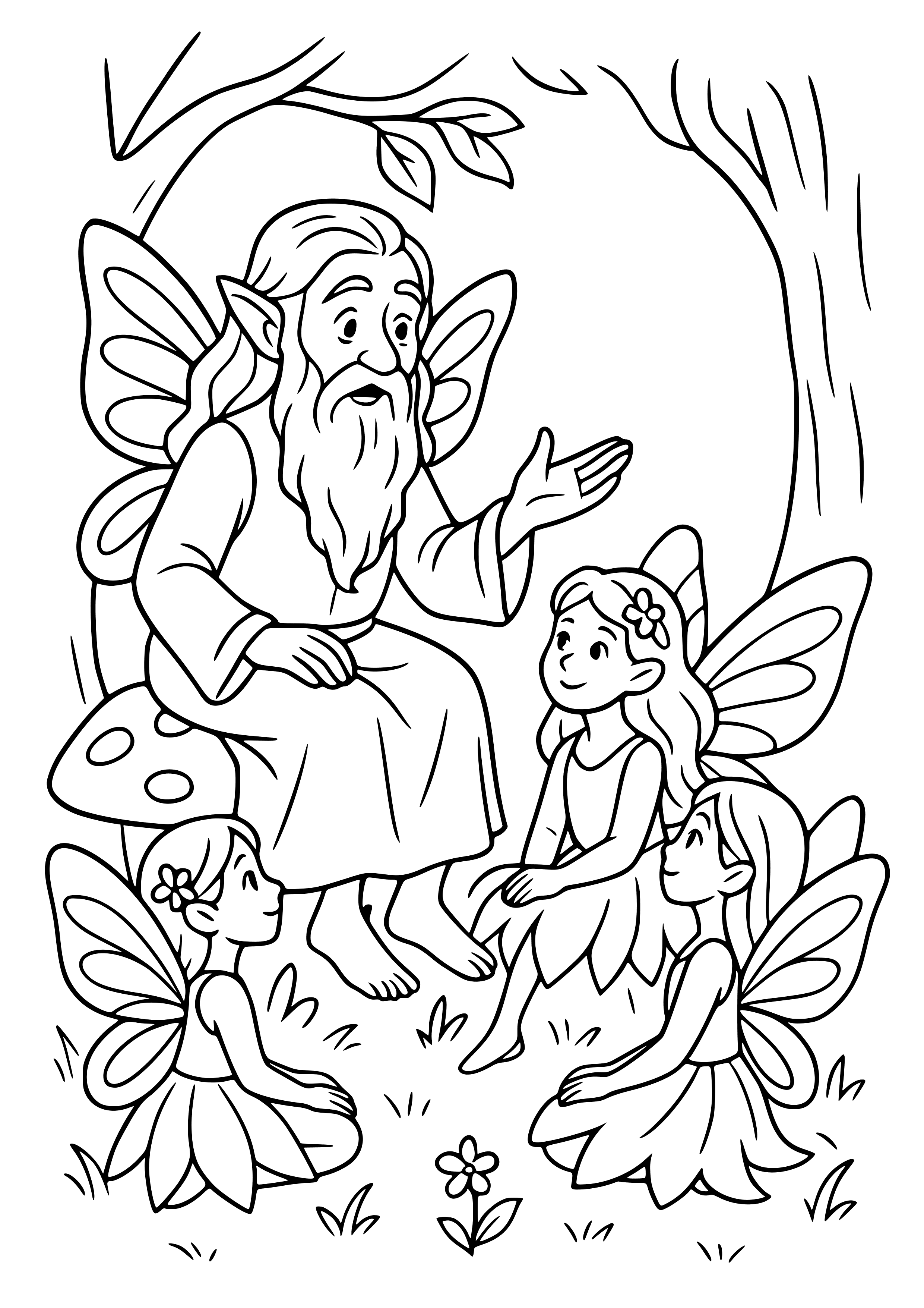 Wise Old Fairy Telling Stories to Young Fairies Coloring Page