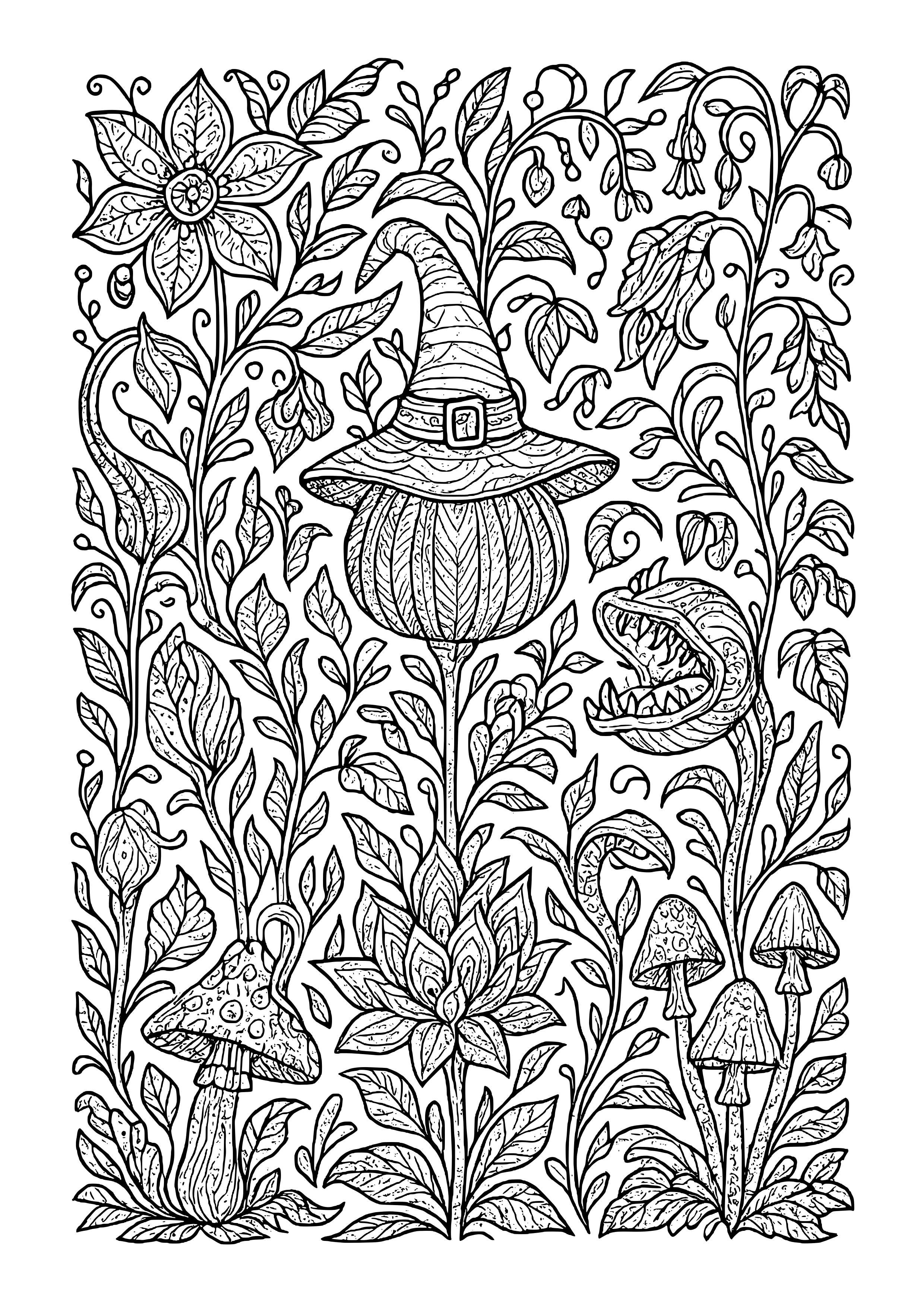 Witch's Garden Filled with Strange Plants Coloring Page