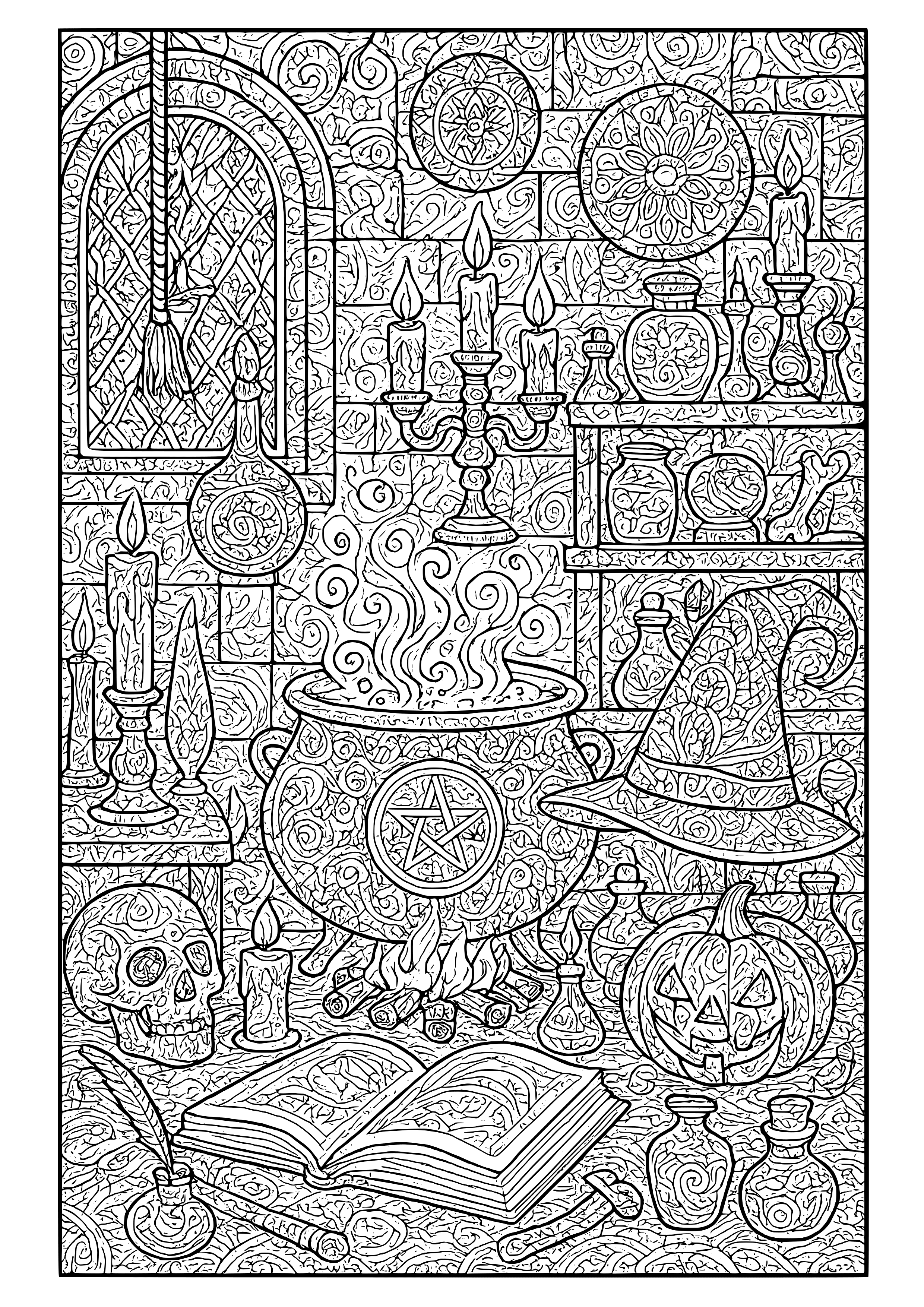 Witch's Lair Filled with Magical Artifacts Coloring Page
