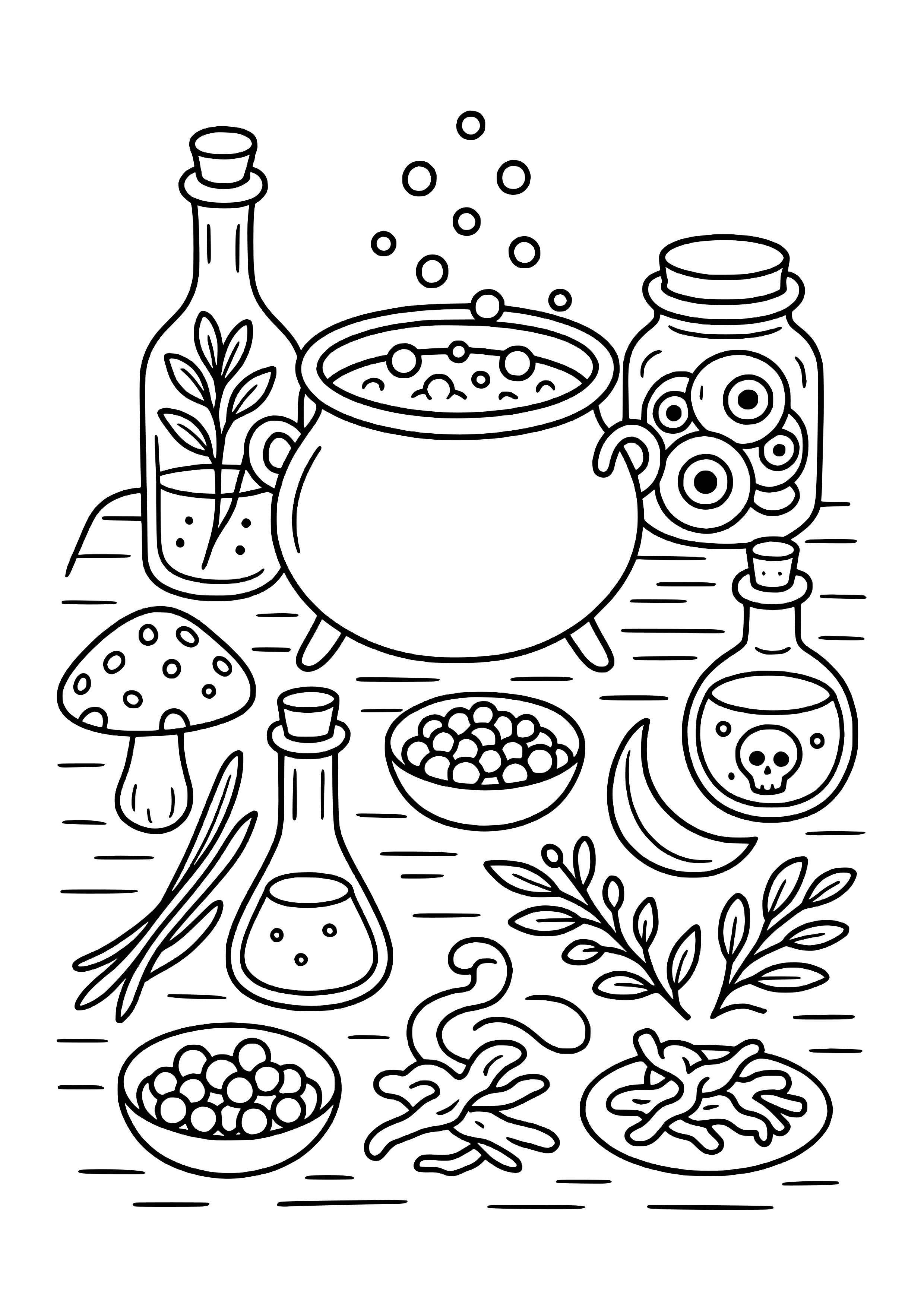 Witch's Potion Ingredients on a Table Coloring Page