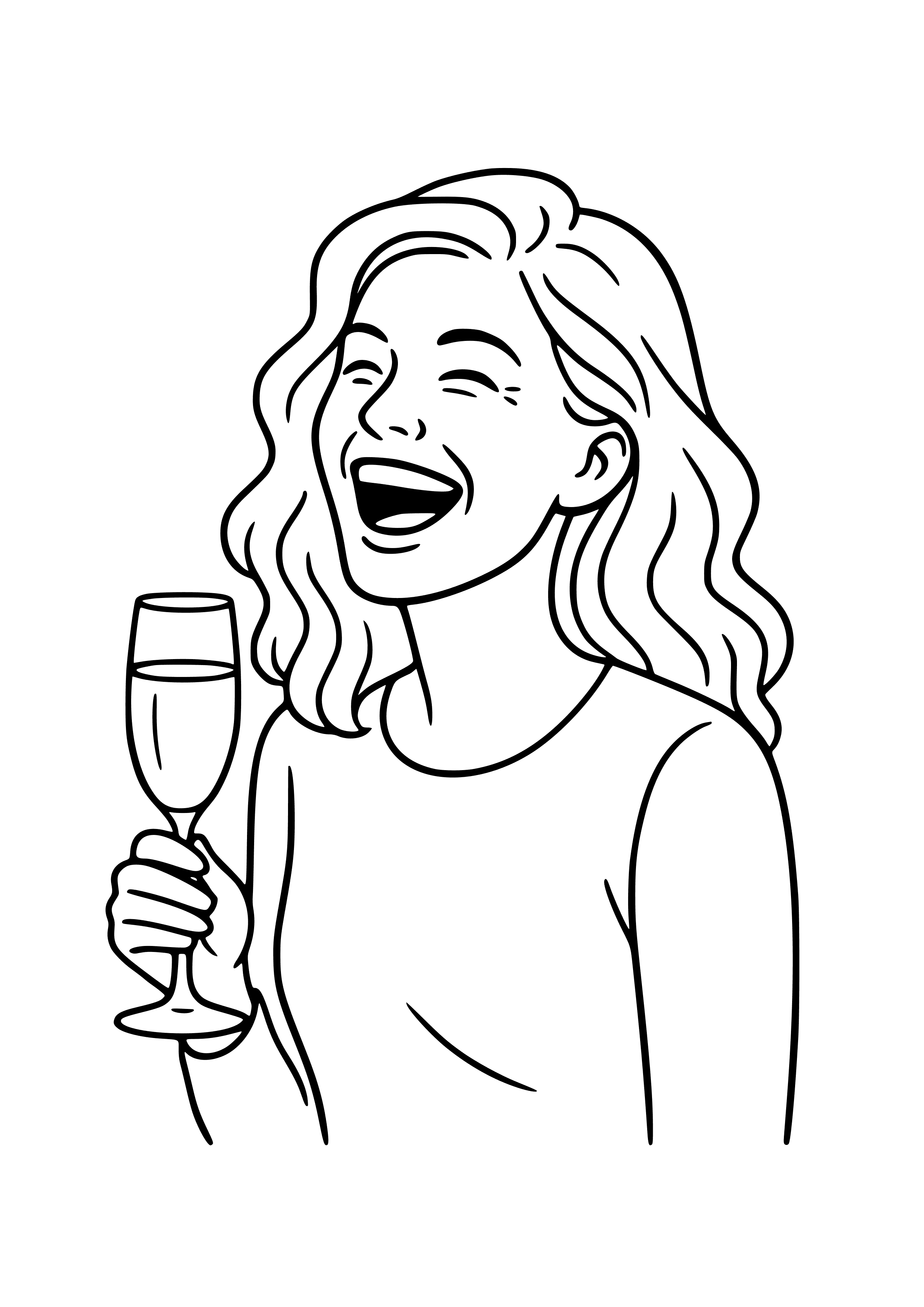 Woman Laughing with a Champagne Glass Coloring Page