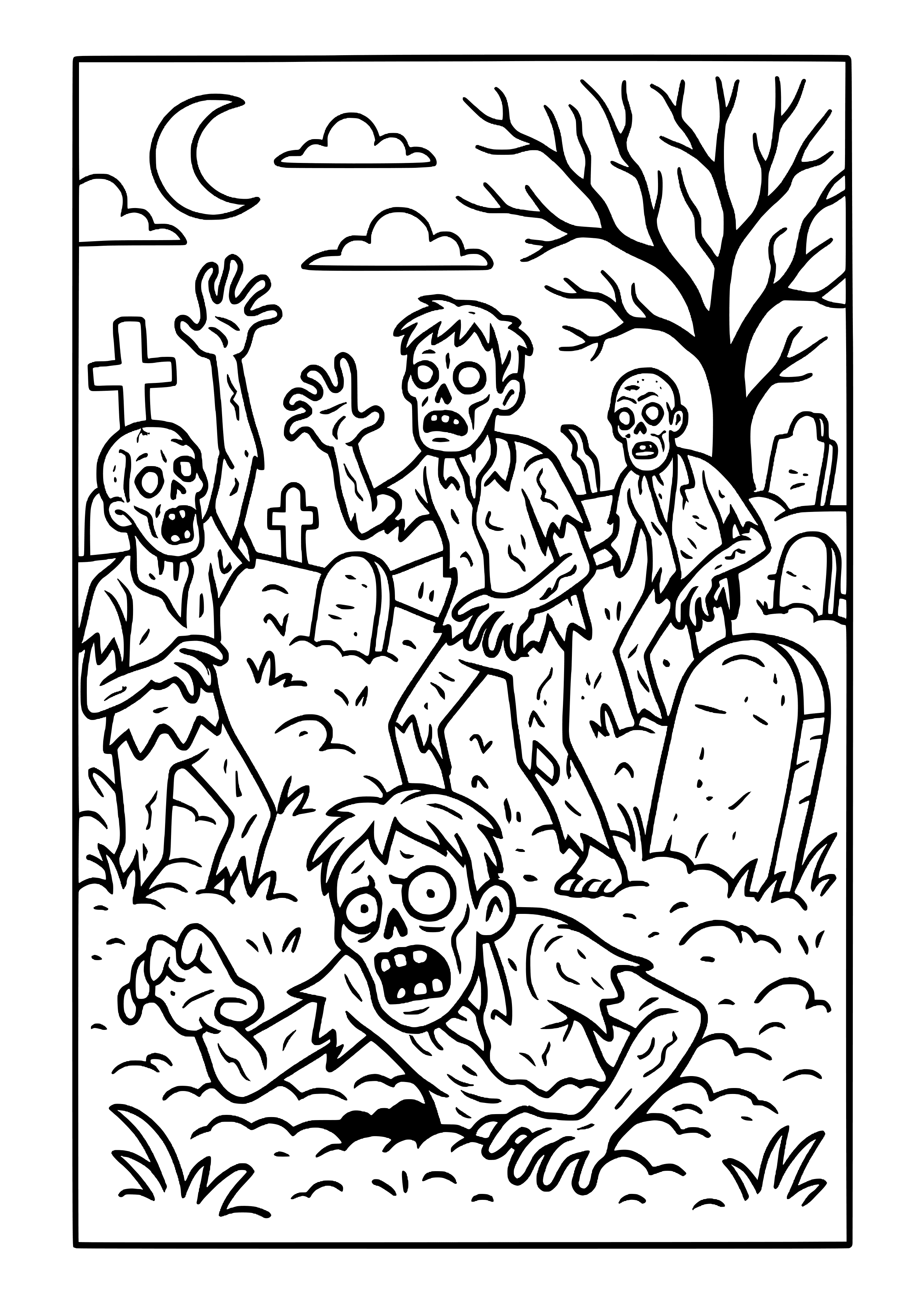 Zombies Rising From the Graveyard Coloring Page